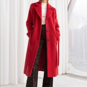 Oversized Alpaca blend coat in red.